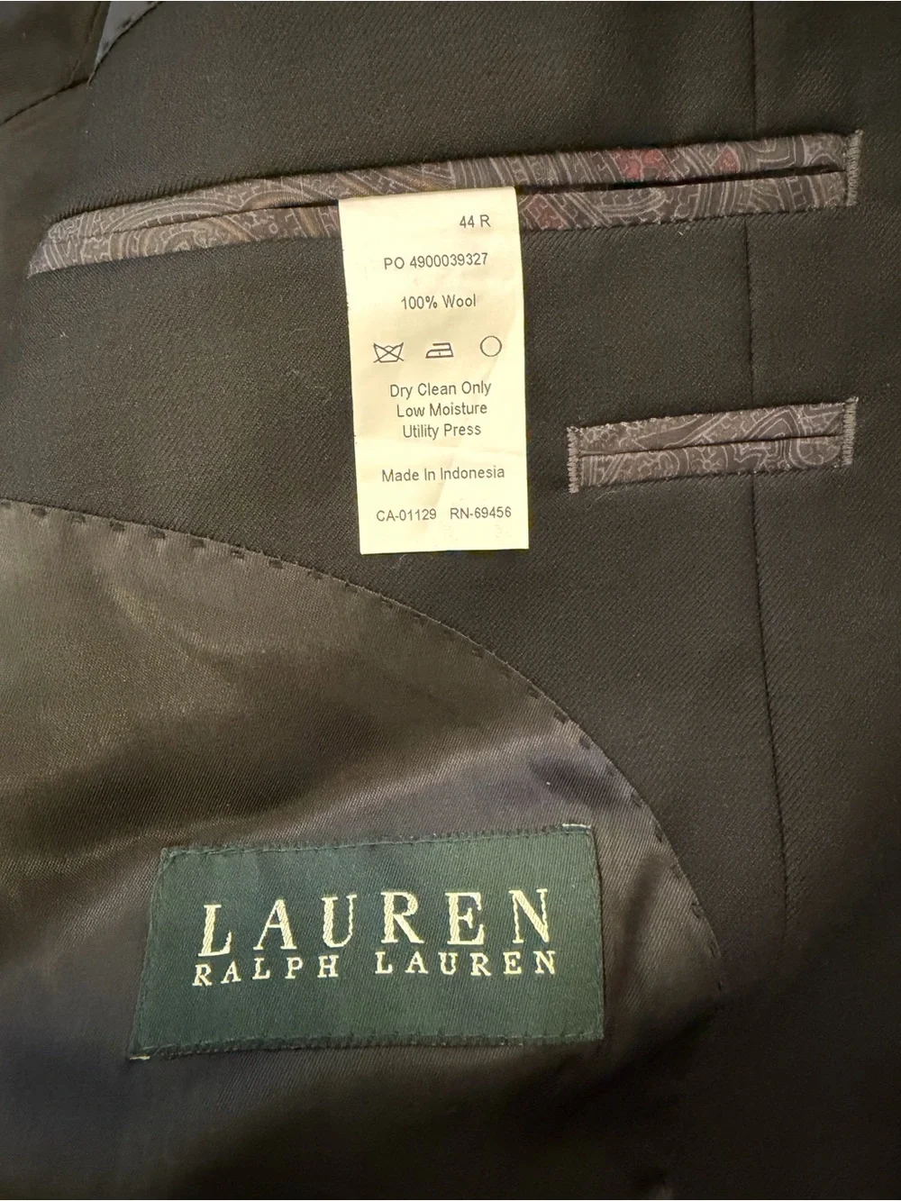 Lauren Ralph Lauren Mens Black Suit Jacket 44R 100% Wool Single Breasted Notched